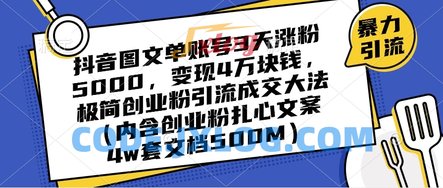探秘抖音图文流量增长与变现大法：单账号 3 天涨粉 5000，4W 变现！极简创业引流成交秘籍（含扎心案例）