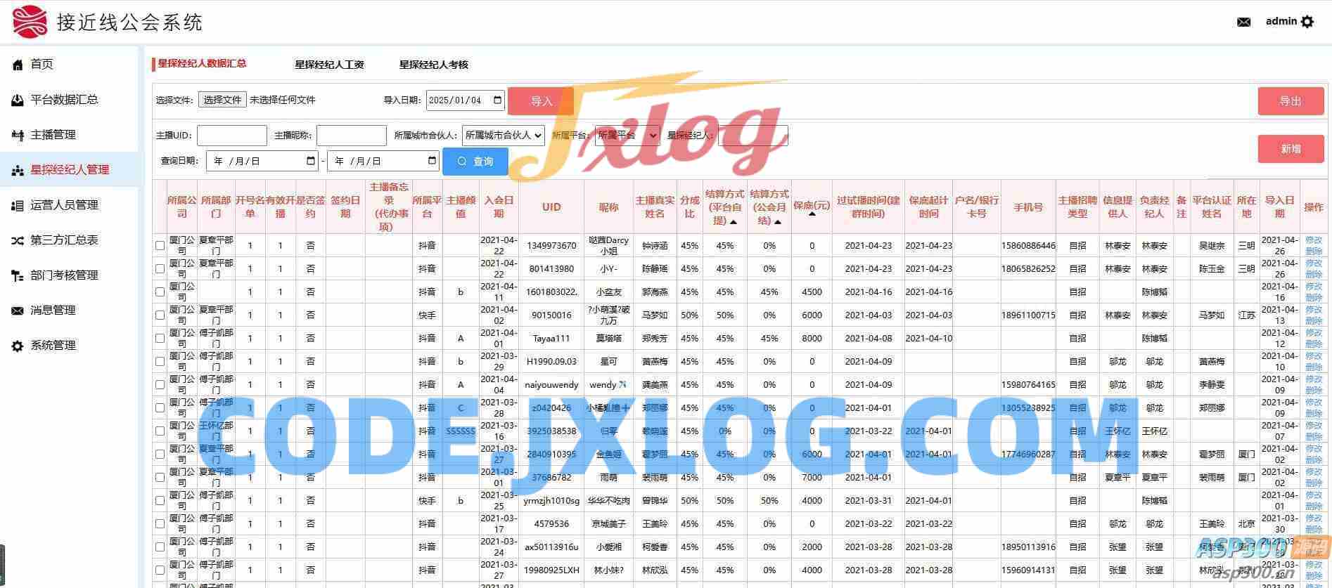 工会系统抖音快手等多平台主播分红分润系统星探经纪人城市合伙人多角色管理系统分红统计系统