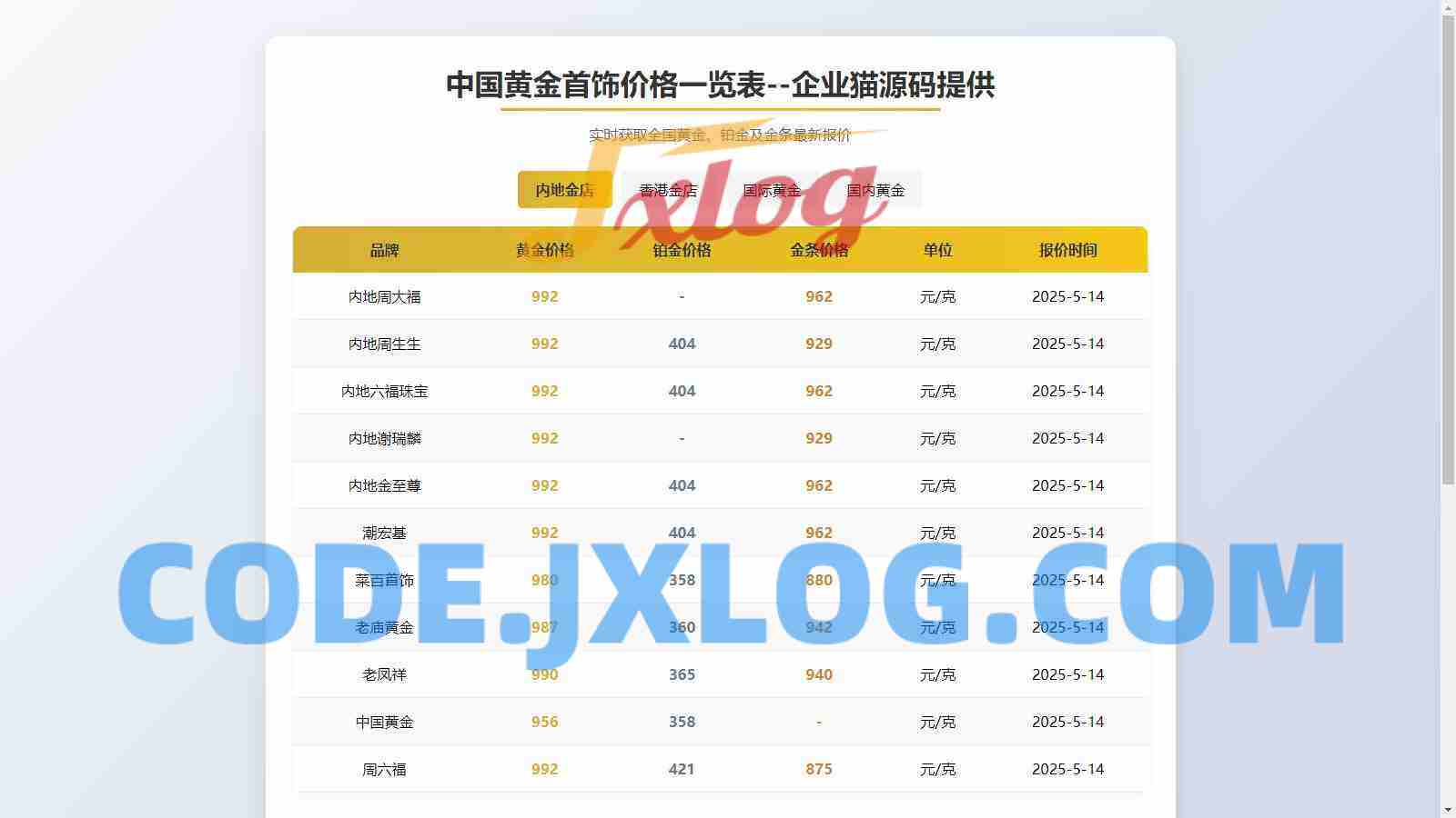 黄金首饰价格查询单页源码